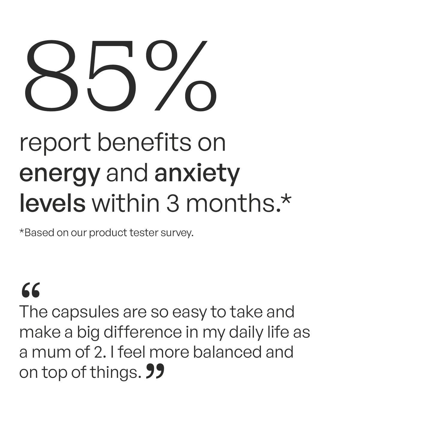 Statistic about product benefits on energy and anxiety levels with a quote from a user.